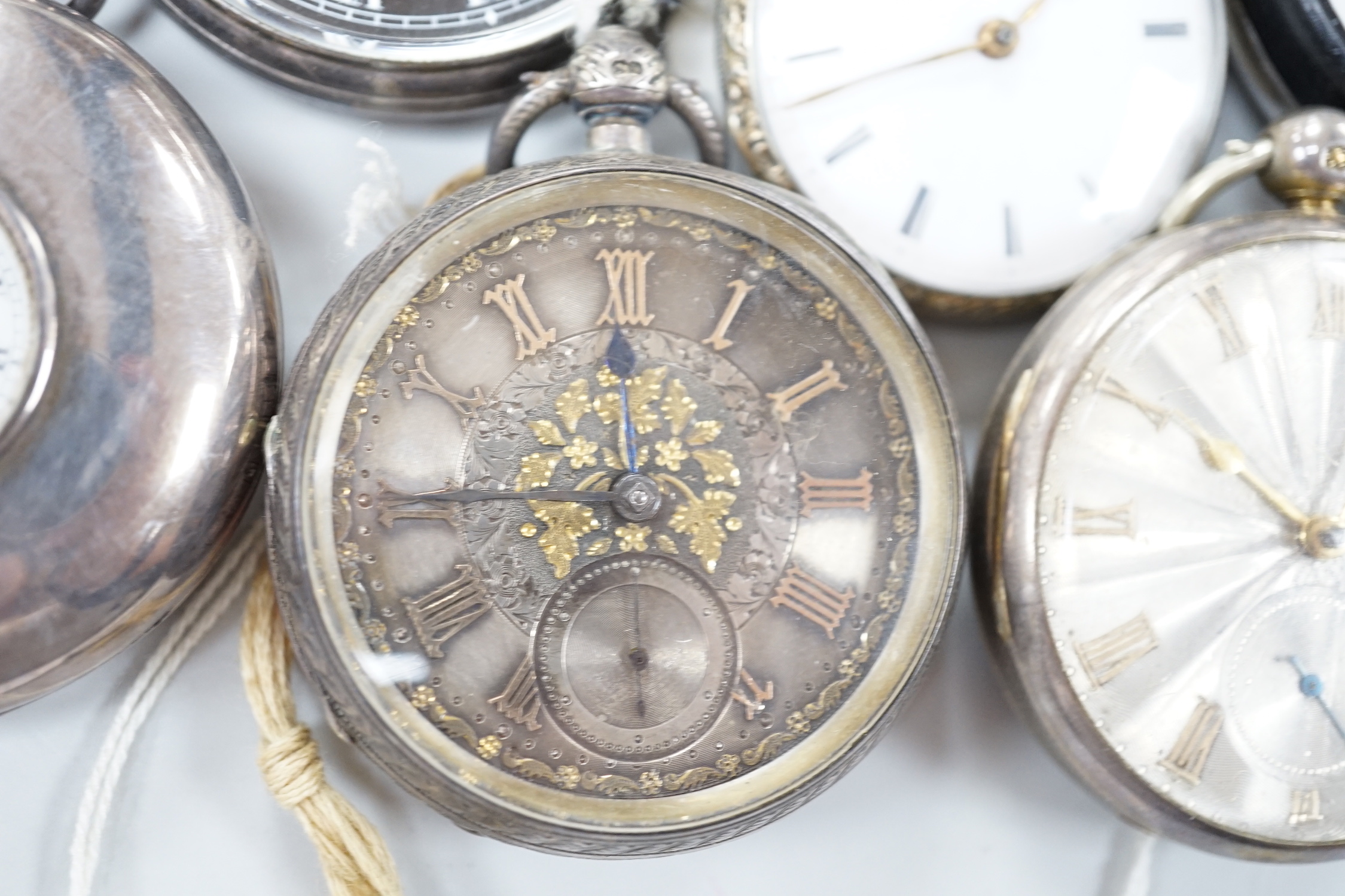 Ten assorted silver or base metal pocket watches including John Walker black dial and a deck watch by H. Golay & Son.